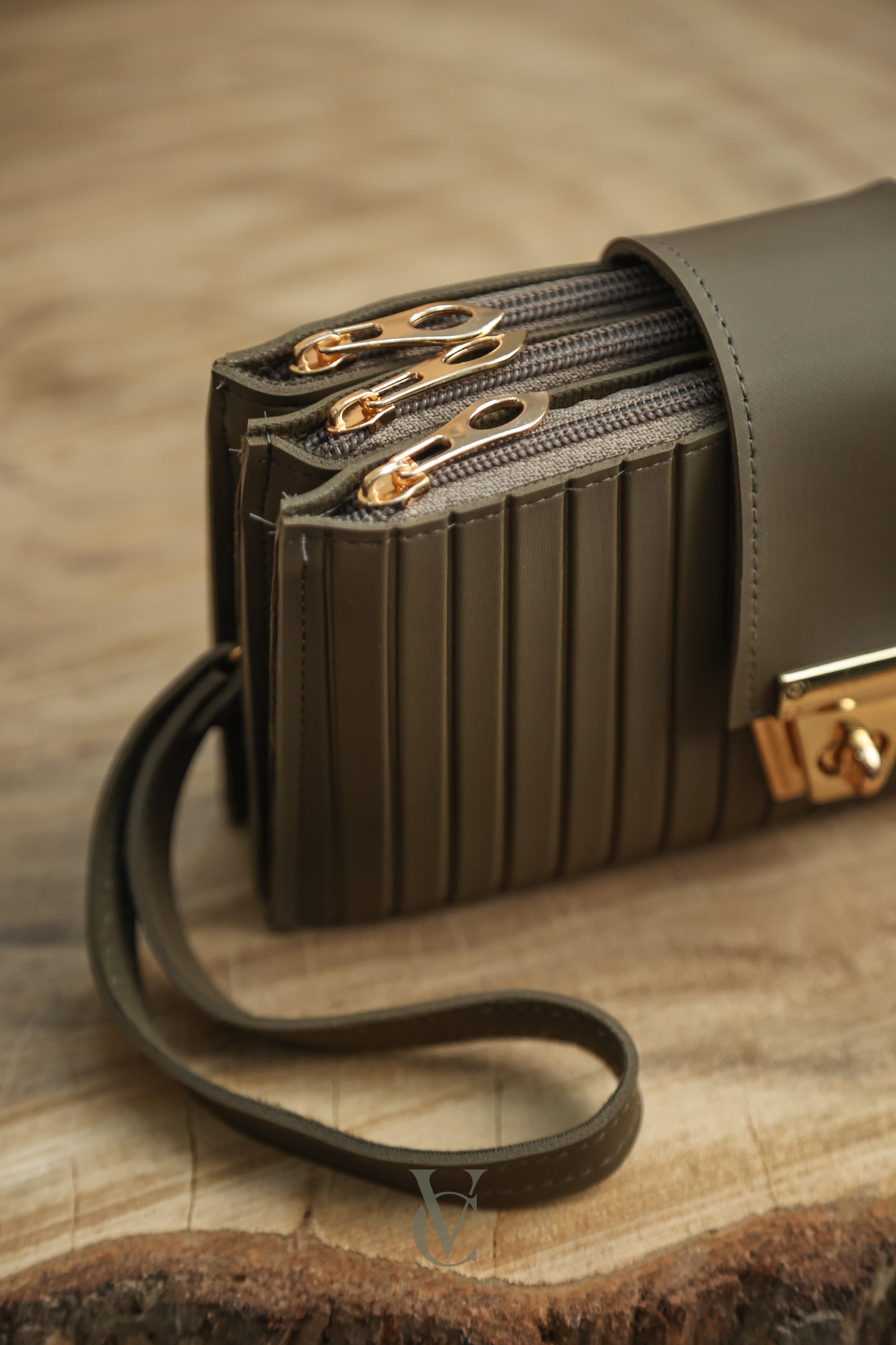 Triple Zipper Olive Clutch